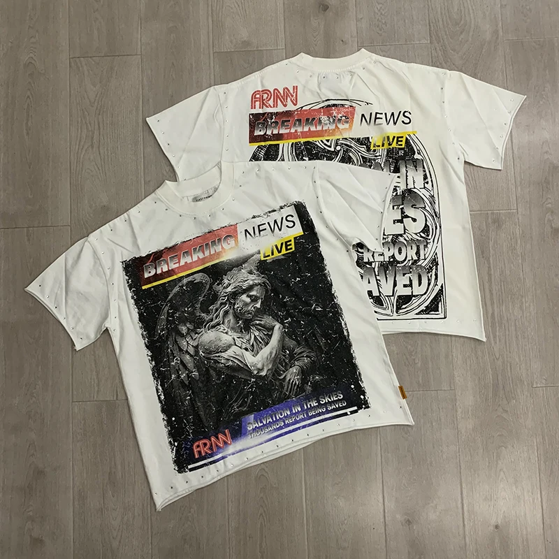FIRST ROW T-shirt Gothic Angel Break News Graphic Men Vintage Distressed Print Studded Details Streetwear Short Sleeve summer