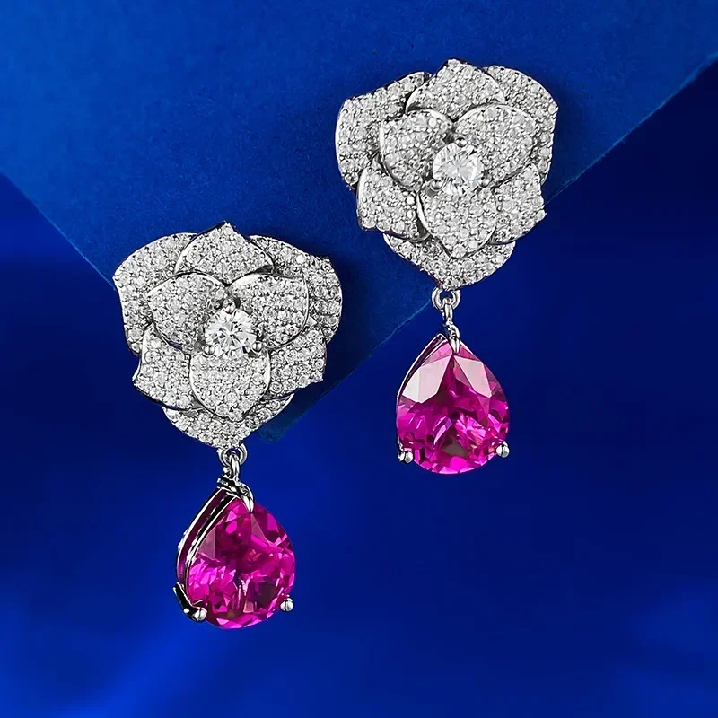 

Charm Lady Ruby Diamond Dangle Earring Real 925 Sterling Silver Jewelry Engagement Wedding Drop Earrings for Women Bridal Gift