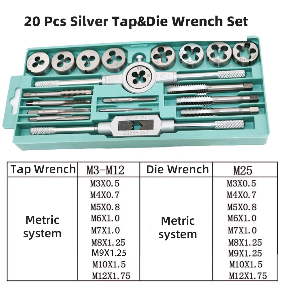 Tap And Die Set 20pcs M3-M12 Metric Hand Nut Bolt Alloy Metal Alloy Meta Tapping Screw Taper Reamer Rethreading Hand Tools Kits