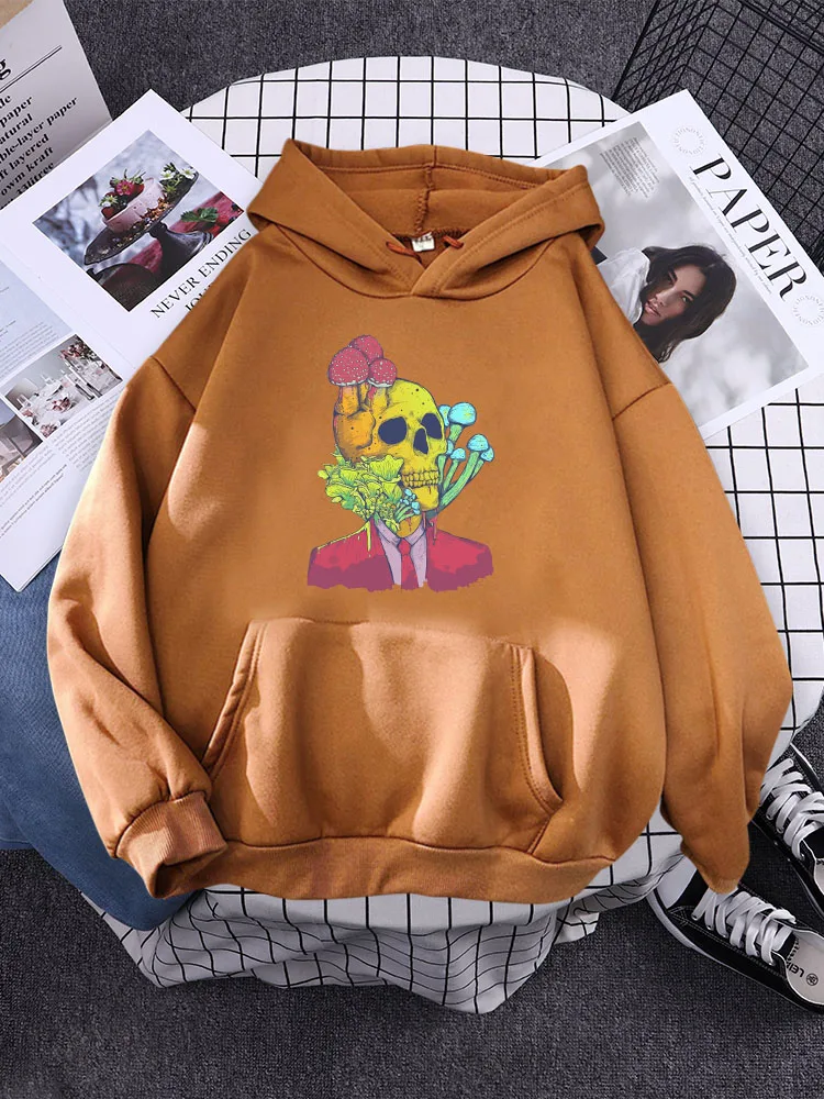 

Skeleton gentleman grows Colorful mushrooms Women Hooded Casual Warm Streetwear Creativity Pullovers Street Hooded Streetwear