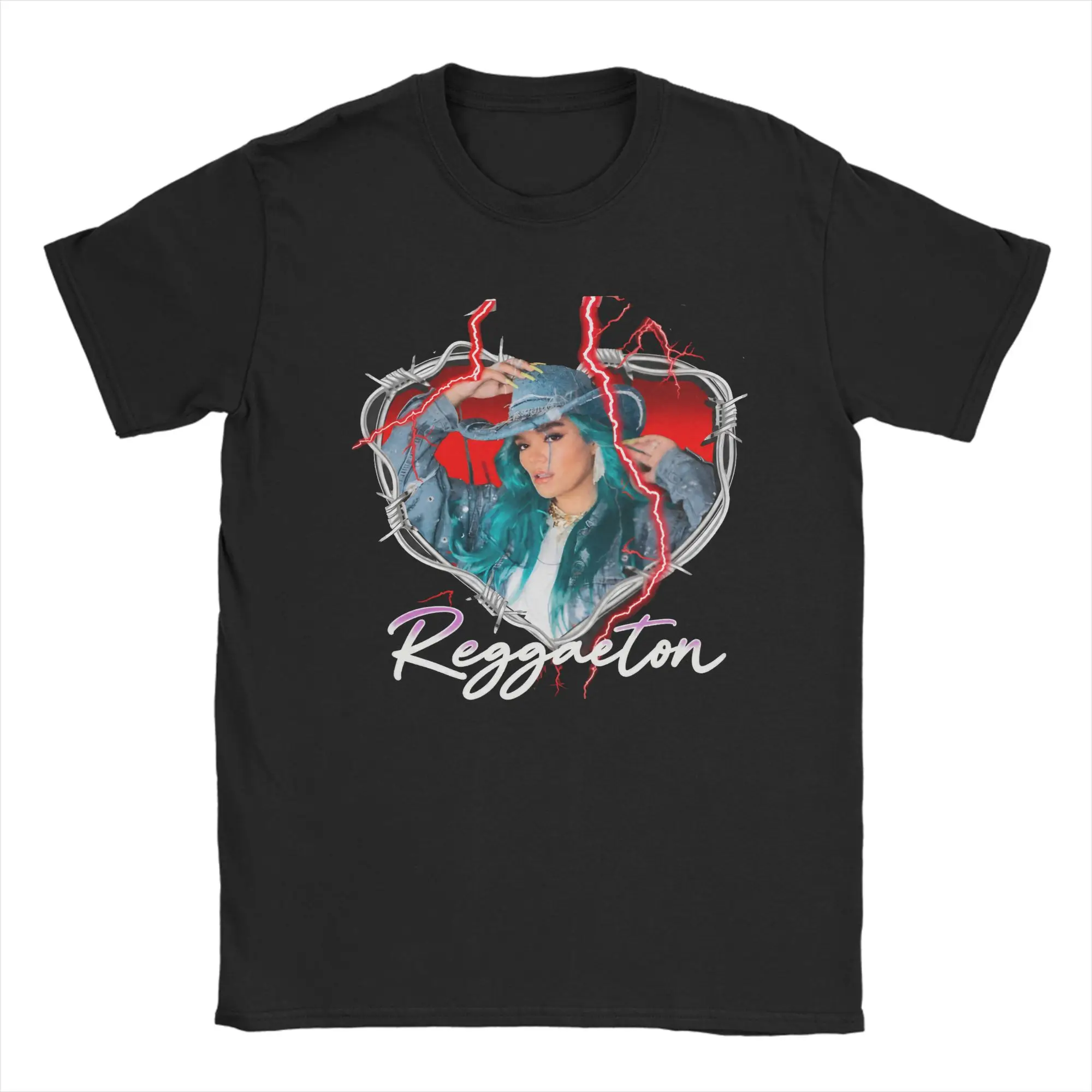 Fashion Karol G Barbed Wire Heart Lightning Portrait T-Shirt for Men O Neck Cotton T Shirt  Short Sleeve Tee Shirt Gift Clothes
