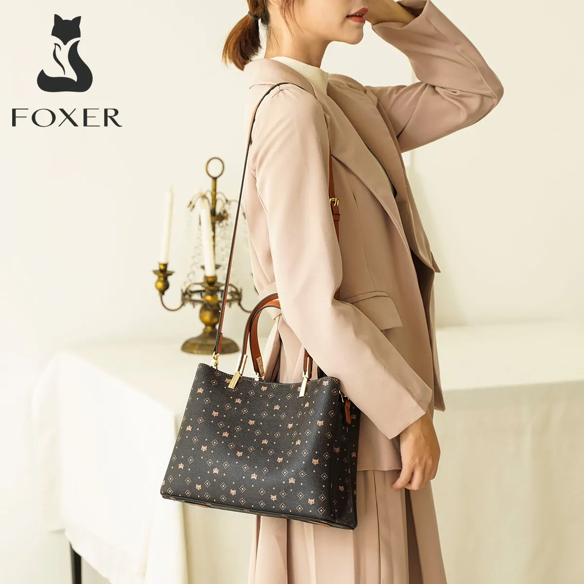 FOXER Lady Elegant Handbag Large Capacity Tote Signature Women's Monogram PVC Shoulder Crossbody Bag with Adjustable Strap