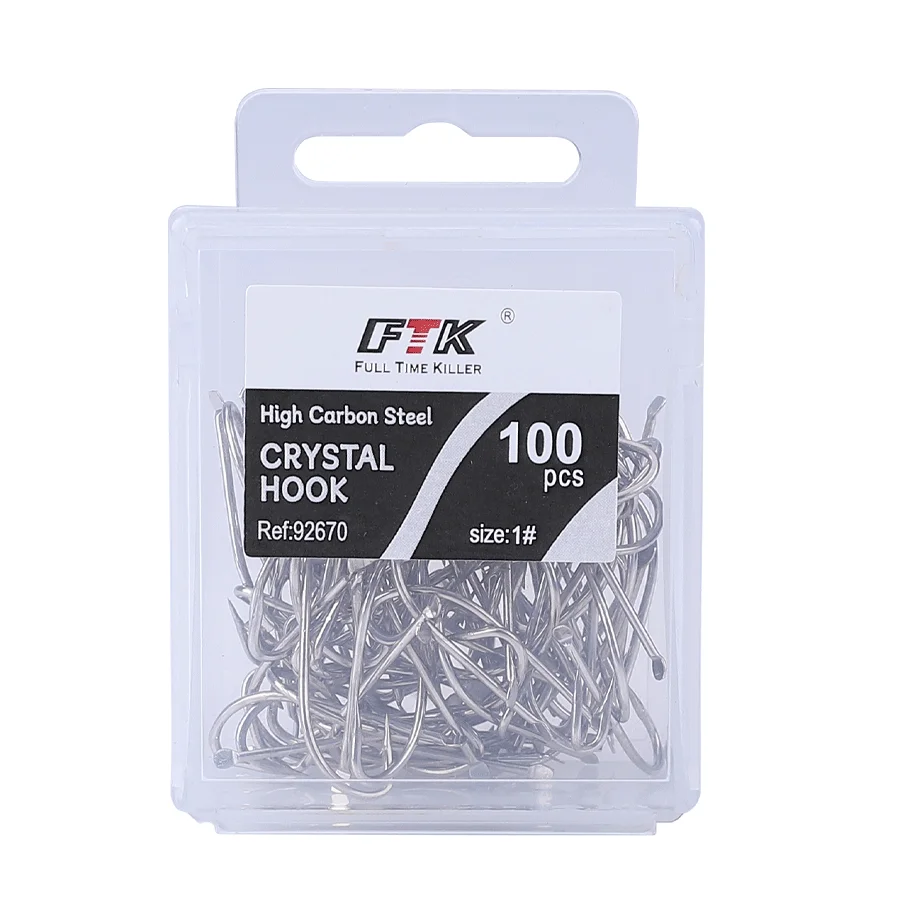 FTK 100pcs/ Box Long Shank Fishing Hook 1#-12# Fish Hooks High Carbon Steel Sharp Barbed Bait Hook Trout Bass Fishing Hooks