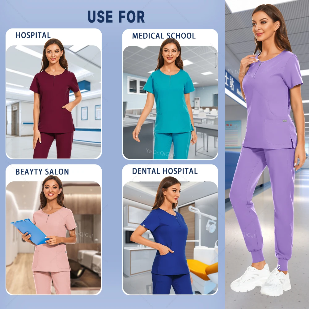 Multicolor Zipper Round Neck Scrubs Sets Short Sleeved Phary Workwear Nurse Doctor Oral Dental Surgery Uniforms Medical Suits