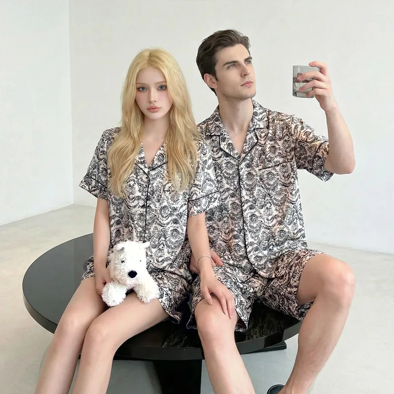 26 Spring Summer Print Couple Pajamas Women Men Short-sleeve Pants 2piece Set Plus-size Ice Silk Fashion Nightgown Sleepwear