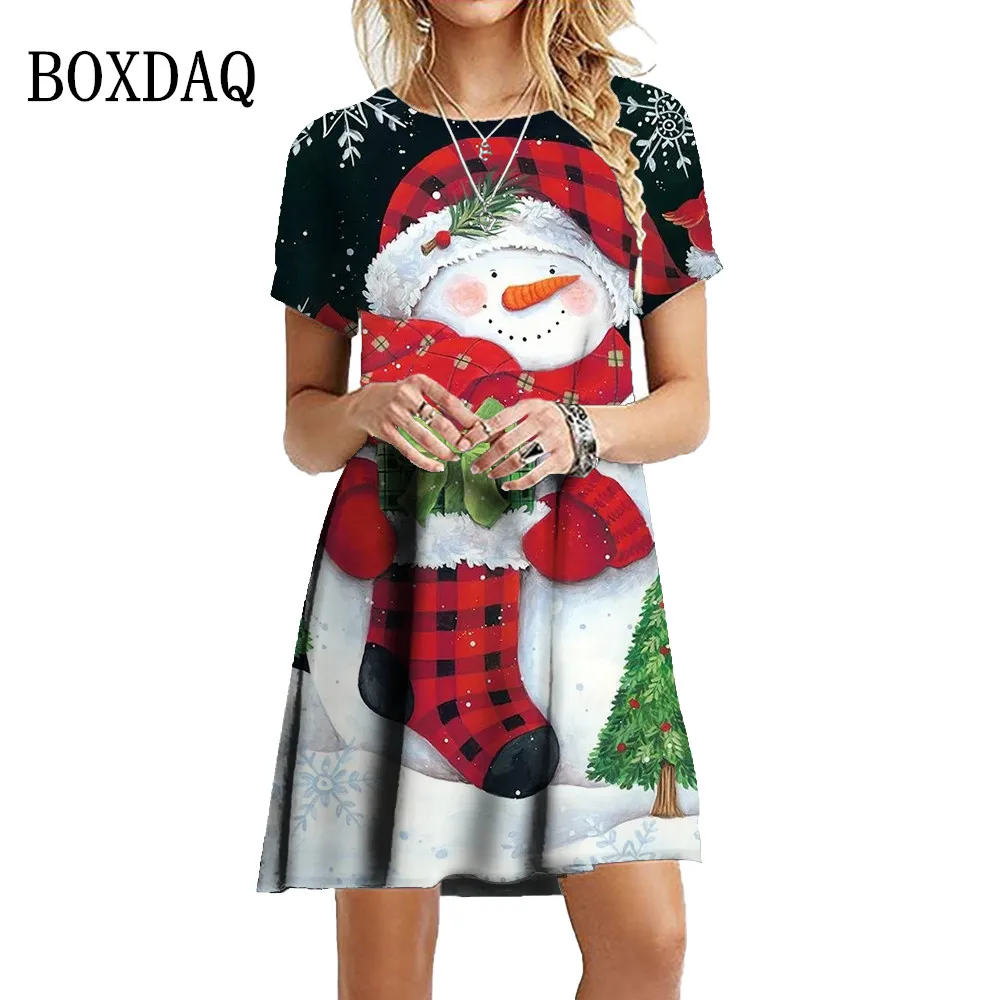 3D Christmas Snowman Print Women Dresses Short Sleeve O-Neck Fashion Cute Christmas Style Short Dress Oversize Casual Mini Dress