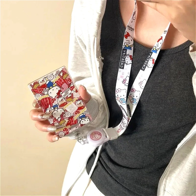 Sanrios Cartoon Tier Kartenhalter Langes Seil Anime Figur Hello Kitty Kuromi My Melody Kartenhüllen Lanyard Ausweis Paket Fall