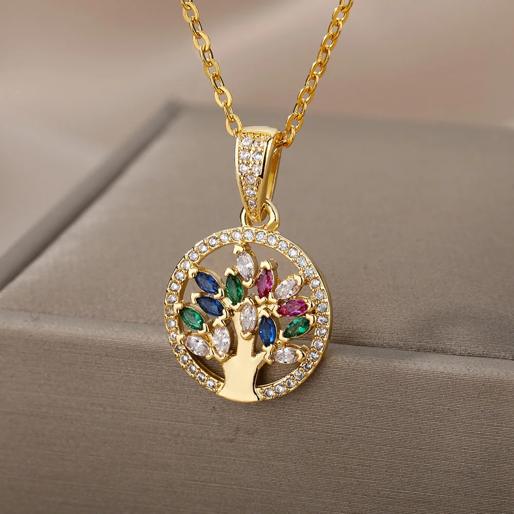 Tree of Life Necklace for Women Stainless Steel Long Chain Pendants Necklaces 2023 Trend Choker Aesthetic Jewelry collares mujer