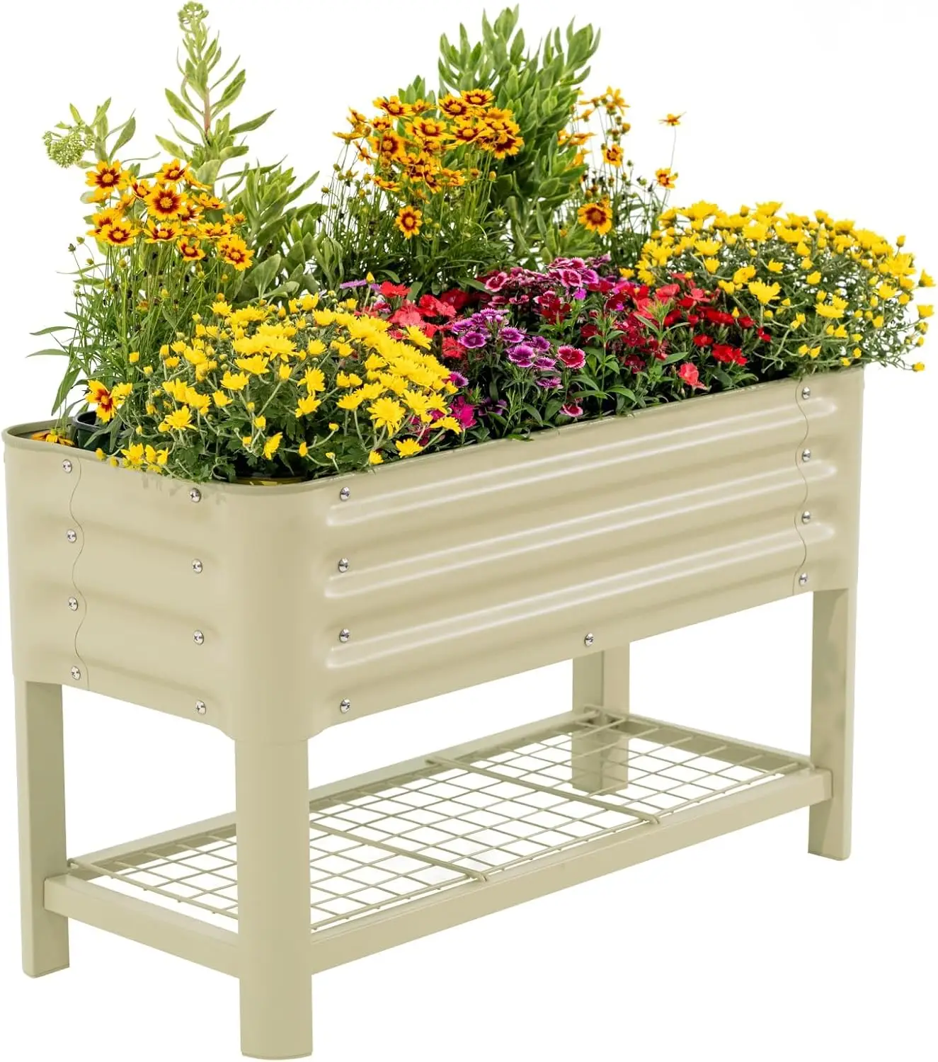 Elevated Raised Garden Bed For Kids, Outdoor Planter Box Stand Gardening Workstation, Backyard Patio Balcony Lawn Herb Vegetable Container, Safe Rounded Edges Bottom Storage Shelf, Modern Style, Pearl White, Single Piece