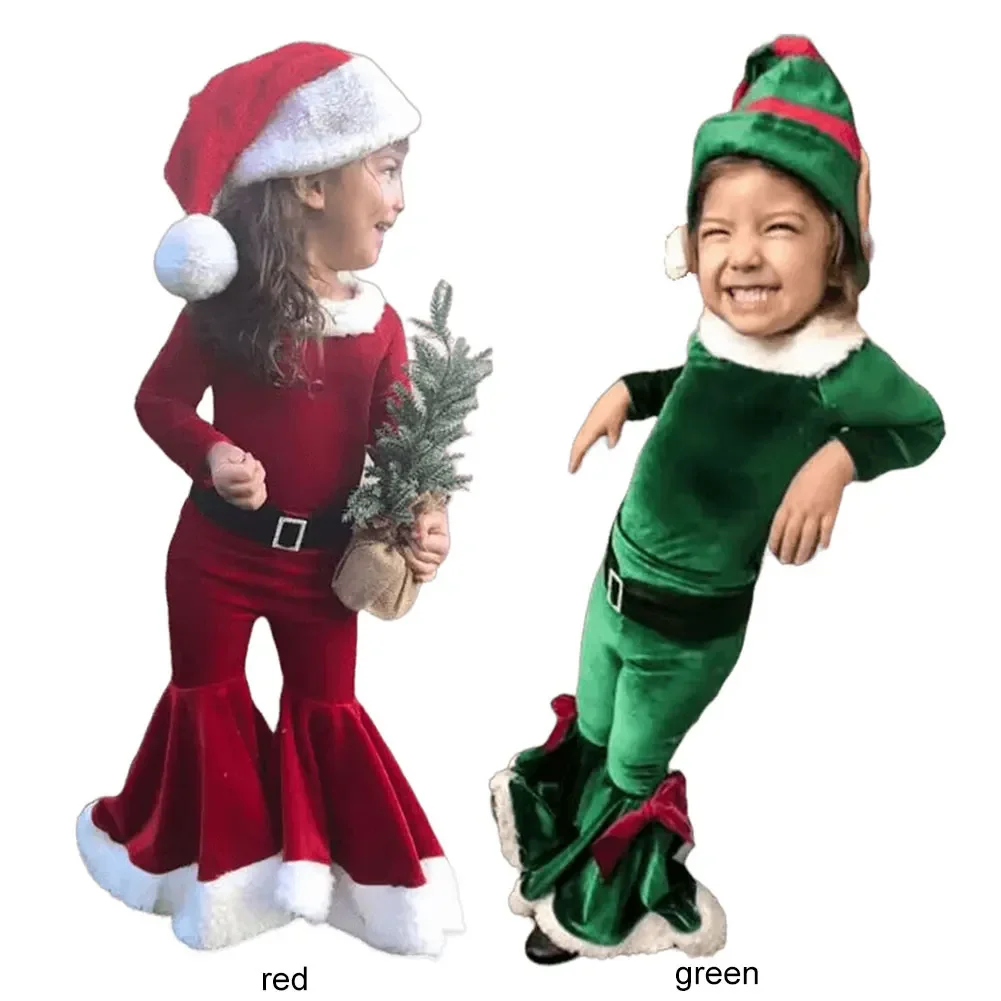 Ropa de Navidad Precioso disfraz de Papá Noel, pantalones acampanados, disfraces de elfo de Navidad, conjunto festivo de elfo de Papá Noel para niños y niñas