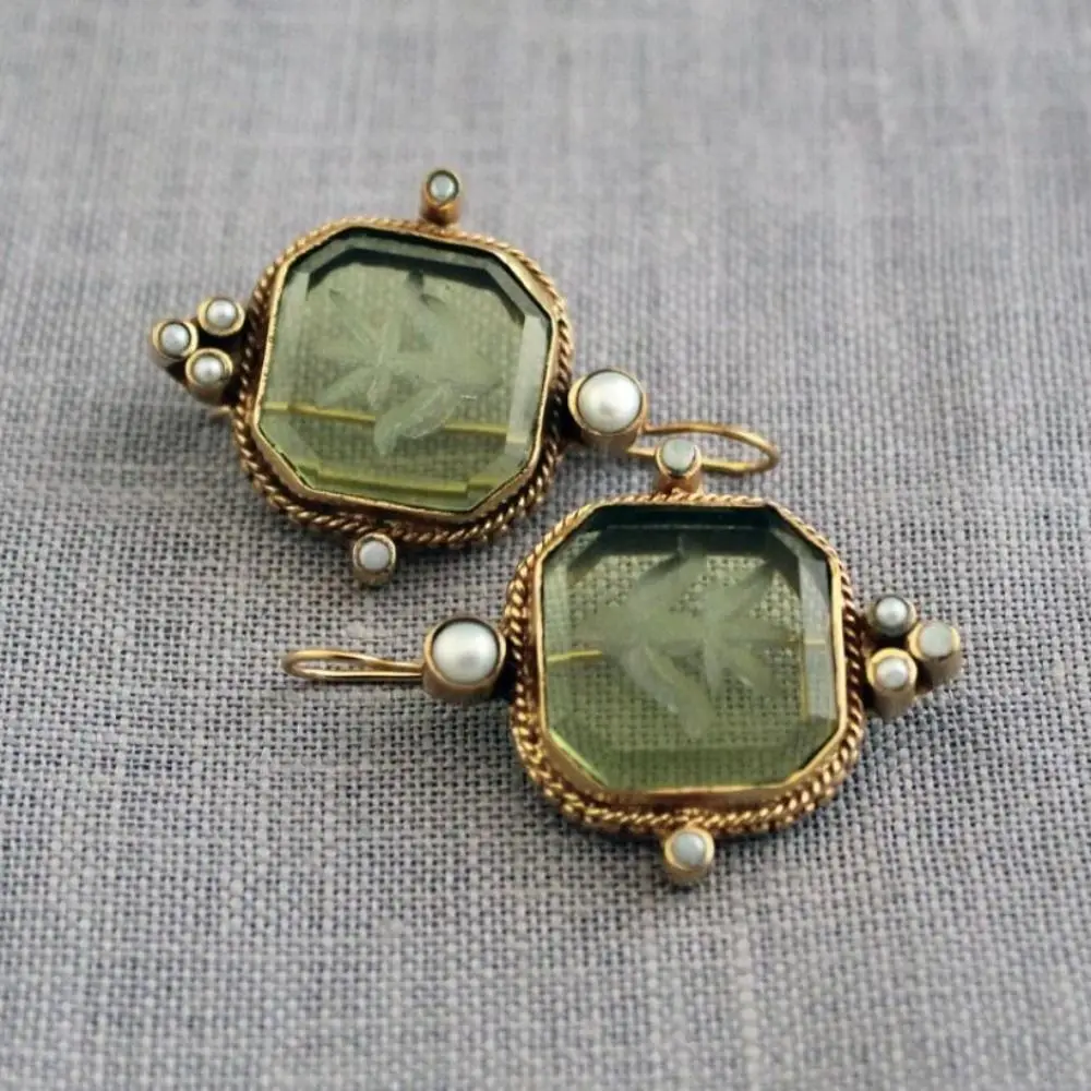 Fashion Square Shape Dangle Earrings New Vintage Trend Green Color Pearl Sweet Elegant Green Zircon Earrings Jewelry Accessories