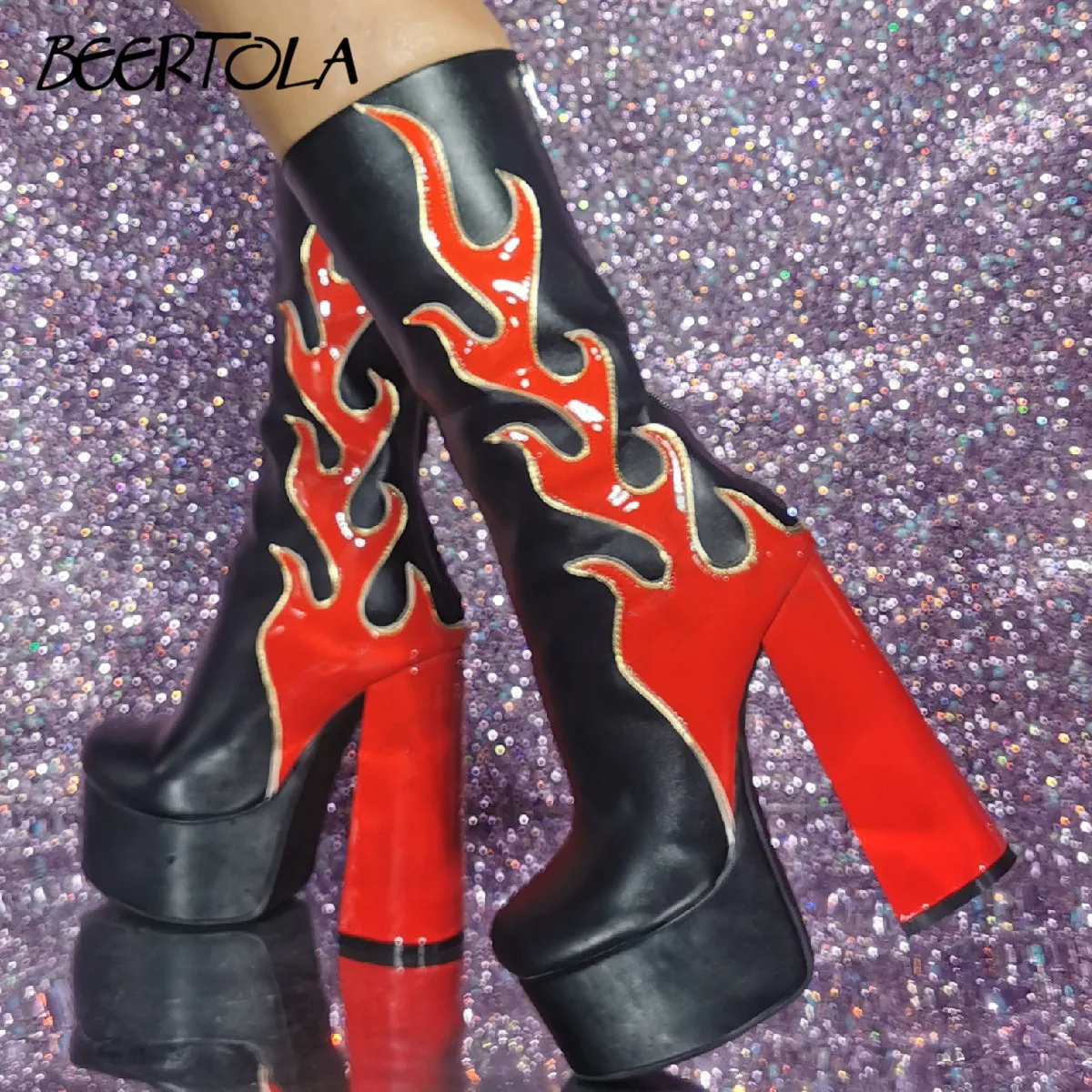 

Women's Red Flame Patchwork Color Boots Halloween Goth Wind Thick Heel High Heel Boots Large Size Sexy Fashion High Boots