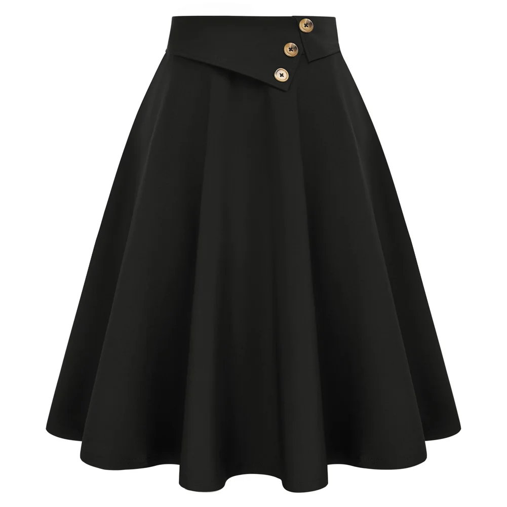 

BP Women Skirt Vintage Swing Elastic Waist Buttons Decorated Lady Office Flared A-Line Skirt Elegant High Waist Fashion Skirts