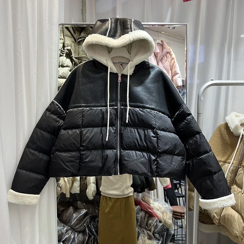 2023 New Winter Down Coat Women Korean Fashion Short Stitch Contrast Hooded Pu Leather Sheepskin Coat Thick Warm Parkas Outwear