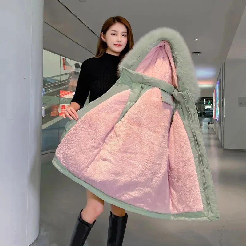 

Down Cotton Coat Women's 2023 New Winter Jacket Female Fur Collar Hooded Parka Thick Warm Outwear Loose Large Size Long Overcoat