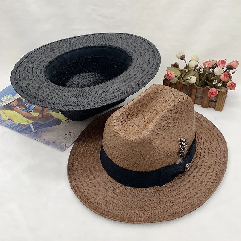 

Eight-point Straw Hand-knitted Hat Traveling And Shopping Popular Feather Model Black Coffee Fedora Hat