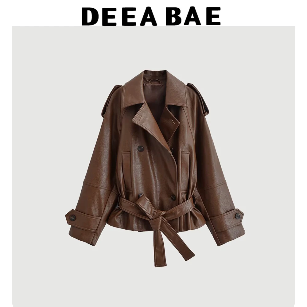 

DEEABAE Spring new women's collar long sleeved double breasted jacket with waistband and faux leather windbreaker short jacket