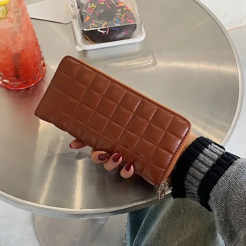 Quilted Detail Long Wallet, Women's Fashion Zip Around Wallet With Multiple Card Slots & Zipper Pocket