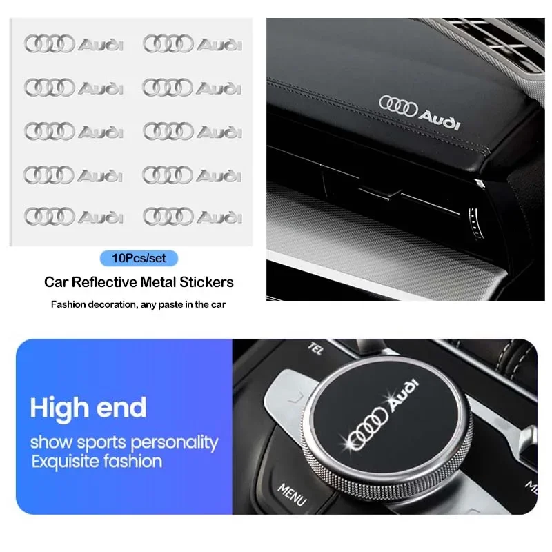 

10pcs Car 3D Metal Sticker Steering Wheel Interior Sticker For Audi A4 B8 8P A3 A5 A6 C7 A1 A7 A8 A2 Q2 Q3 Q5 Q7 Q8 TT Sline RS