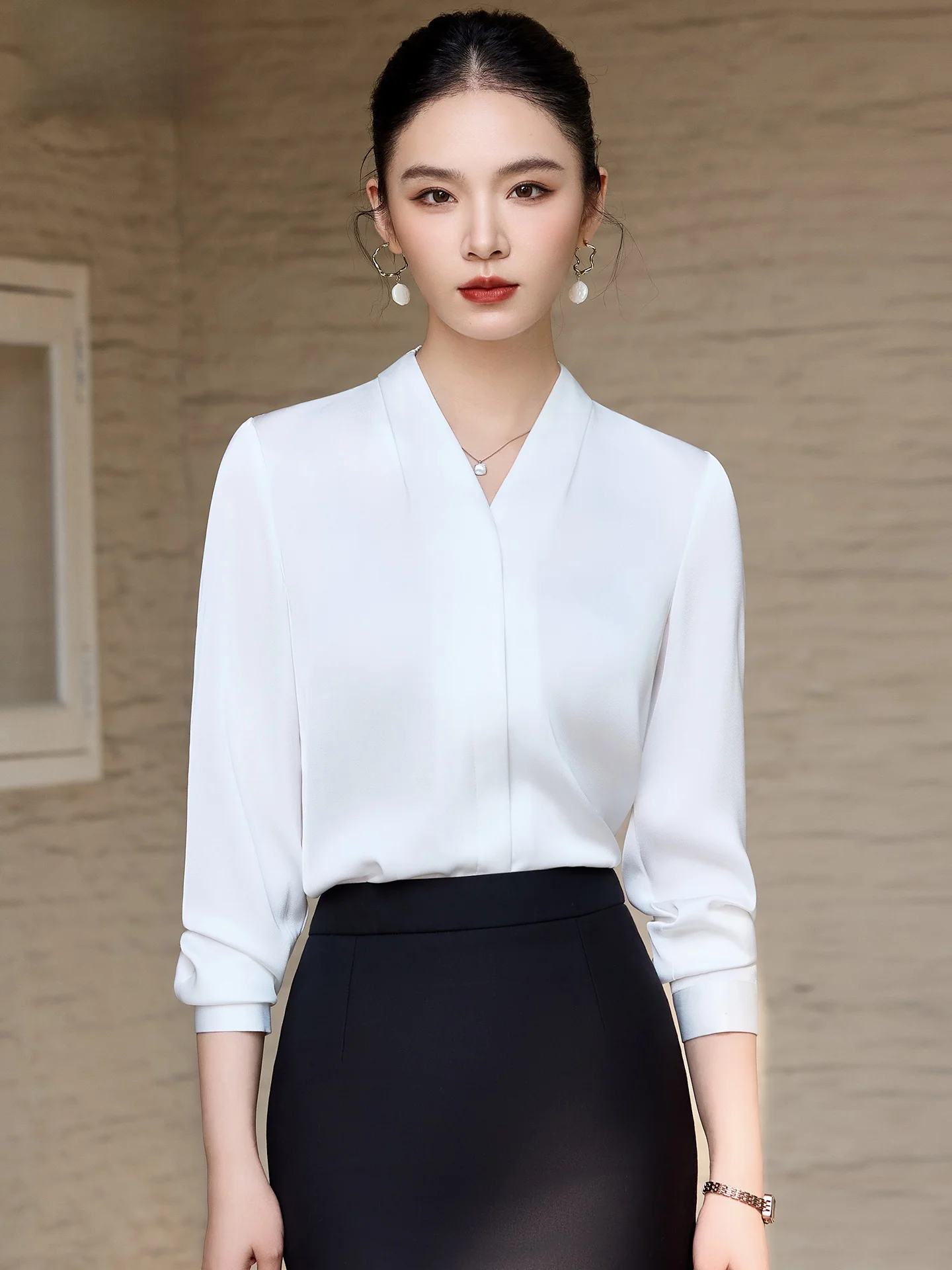 

White V-Ne Commute irt Women's Base Layer Inner Wear Interview Formal Commute Profional Outfit Set OL Sle Slim Fit