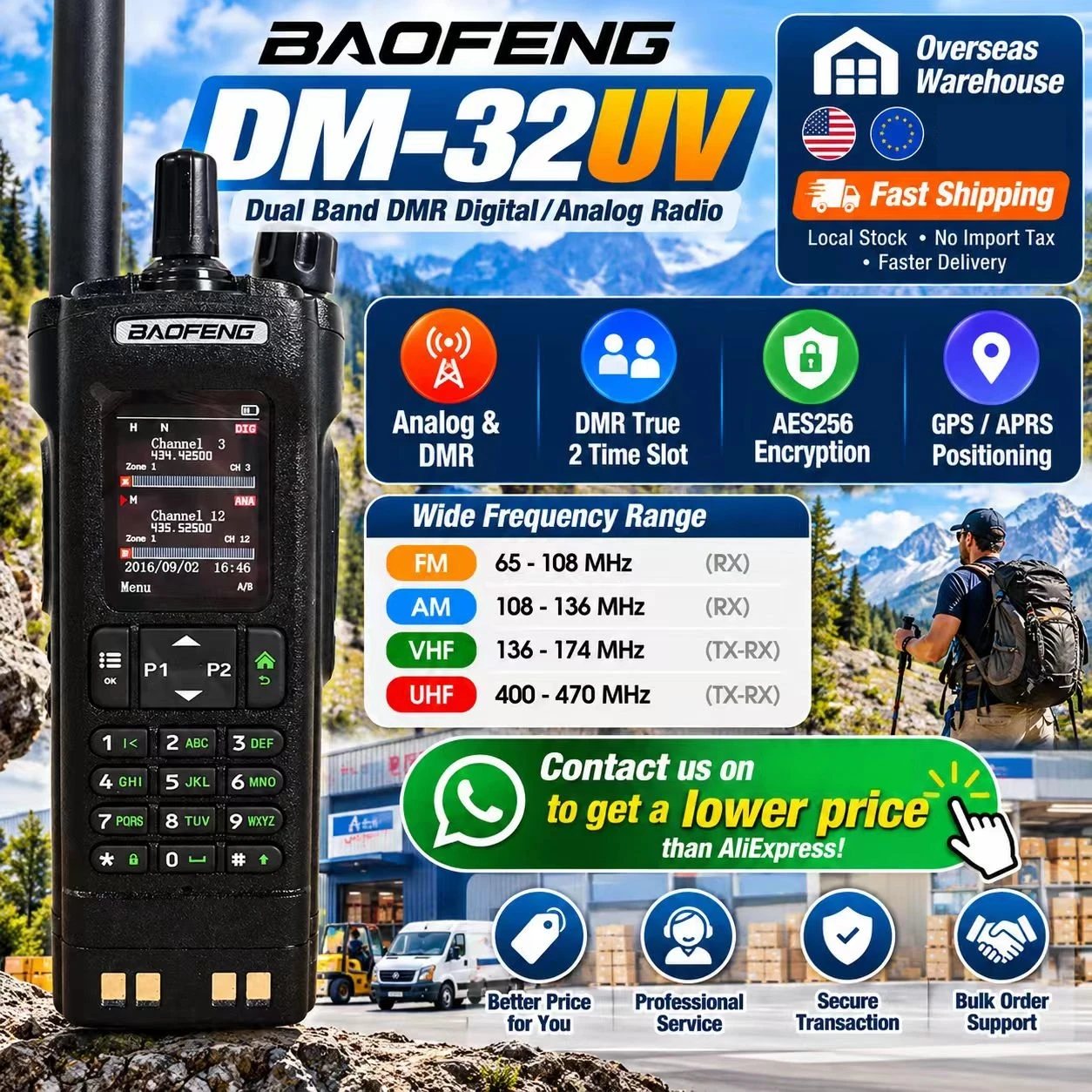 BAOFENG DM-32UV DMR Two Way Radio Digital Analog PTT Walkie Talkie GPS APRS AES256 Secure Encryption Alarm Single Group Call
