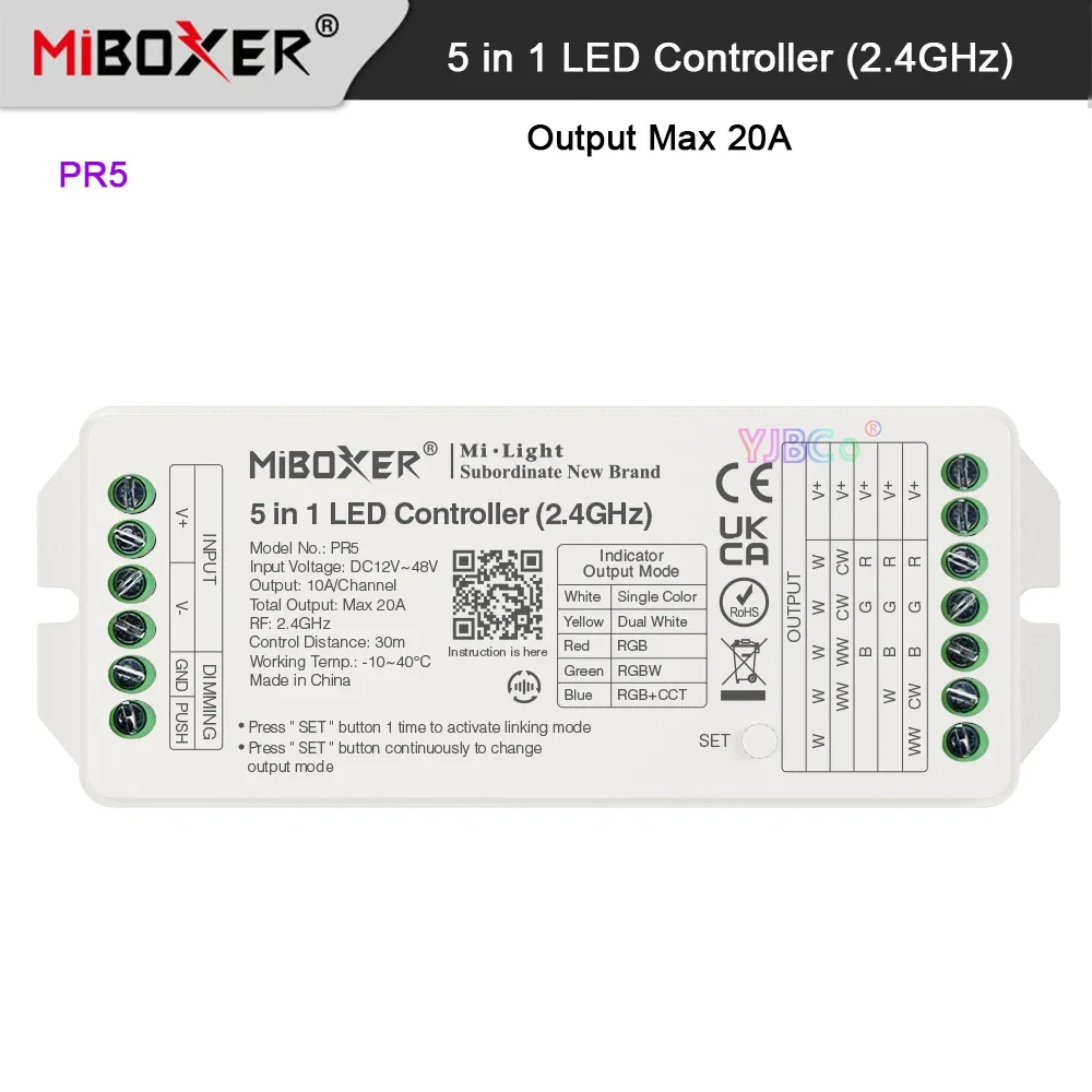 

PR5 Miboxer Single color/Dual white/RGB/RGBW/RGB+CCT 2.4G 5 in 1 LED Controller 12V~48V 20A Tuya app 2.4G Remote DMX512 control