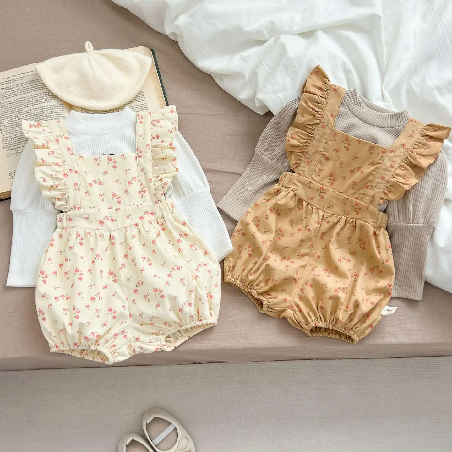 

2024 Spring New Girl Baby Floral Print Sleeveless Suspenders Bodysuit Newborn Infant Embroidery Bow Puff Sleeve Cotton T-shirt