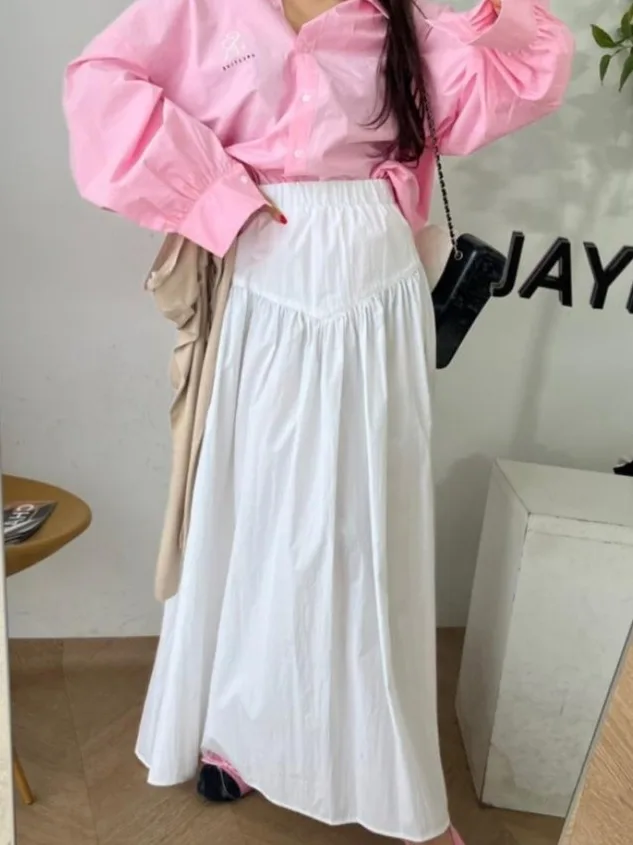 Falda acampanada plisada Retro para mujer, faldas largas blancas de cintura alta, diseño de artículo de otoño