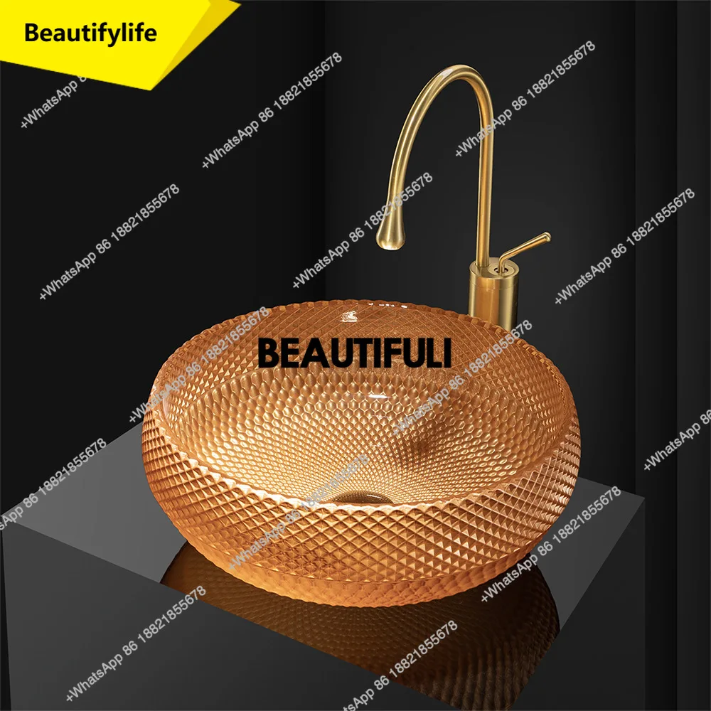 

a13 Advanced design grid patterned round countertop basin, light luxury transparent crystal glass washbasin,for hotel, shop