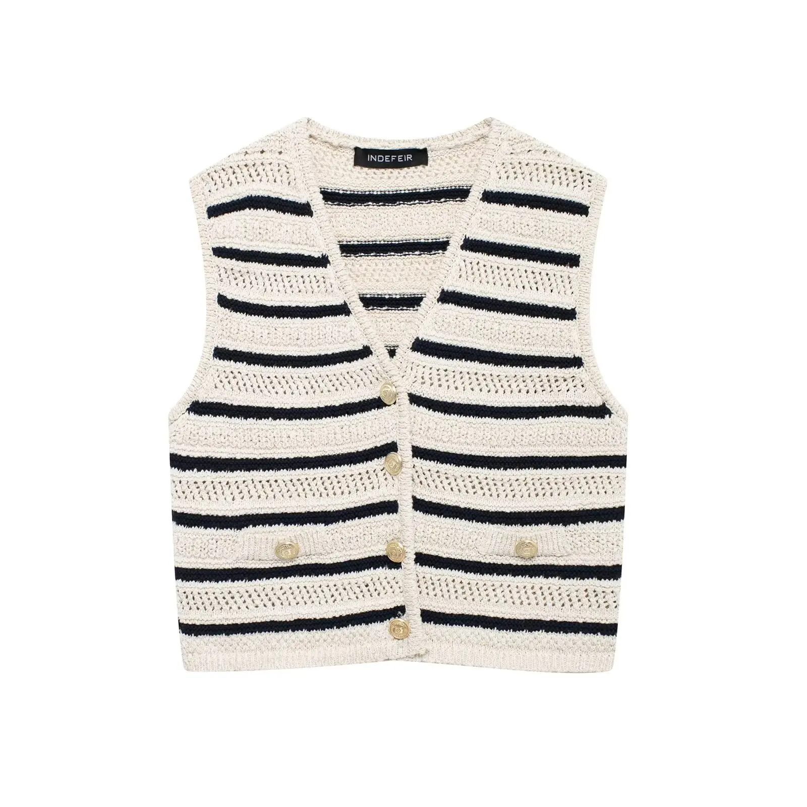 Women's new fashion gold button decoration slim short hollow striped knitted top retro V Neck sleeveless women's vest chic top