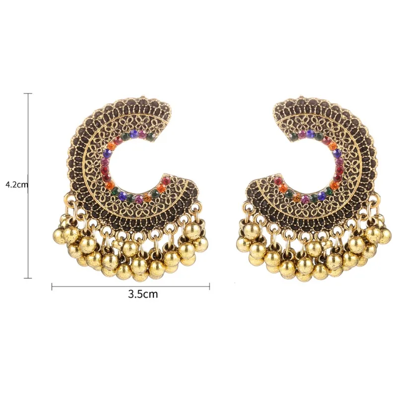 Ethnic Colorful Zircon Indian Jhumka Earrings For Women Pendientes Fashion Jewelry Retro Alloy Tassel Semicircle Ladies Earrings