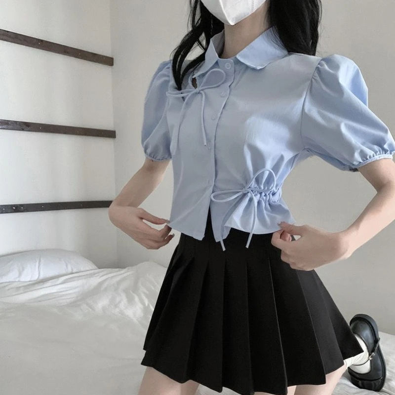 Puff Sleeve Bow Shirts Women Summer 2024 Solid Color Single Breasted Office Lady Korean Style Versatile Slim Short Blouse Female