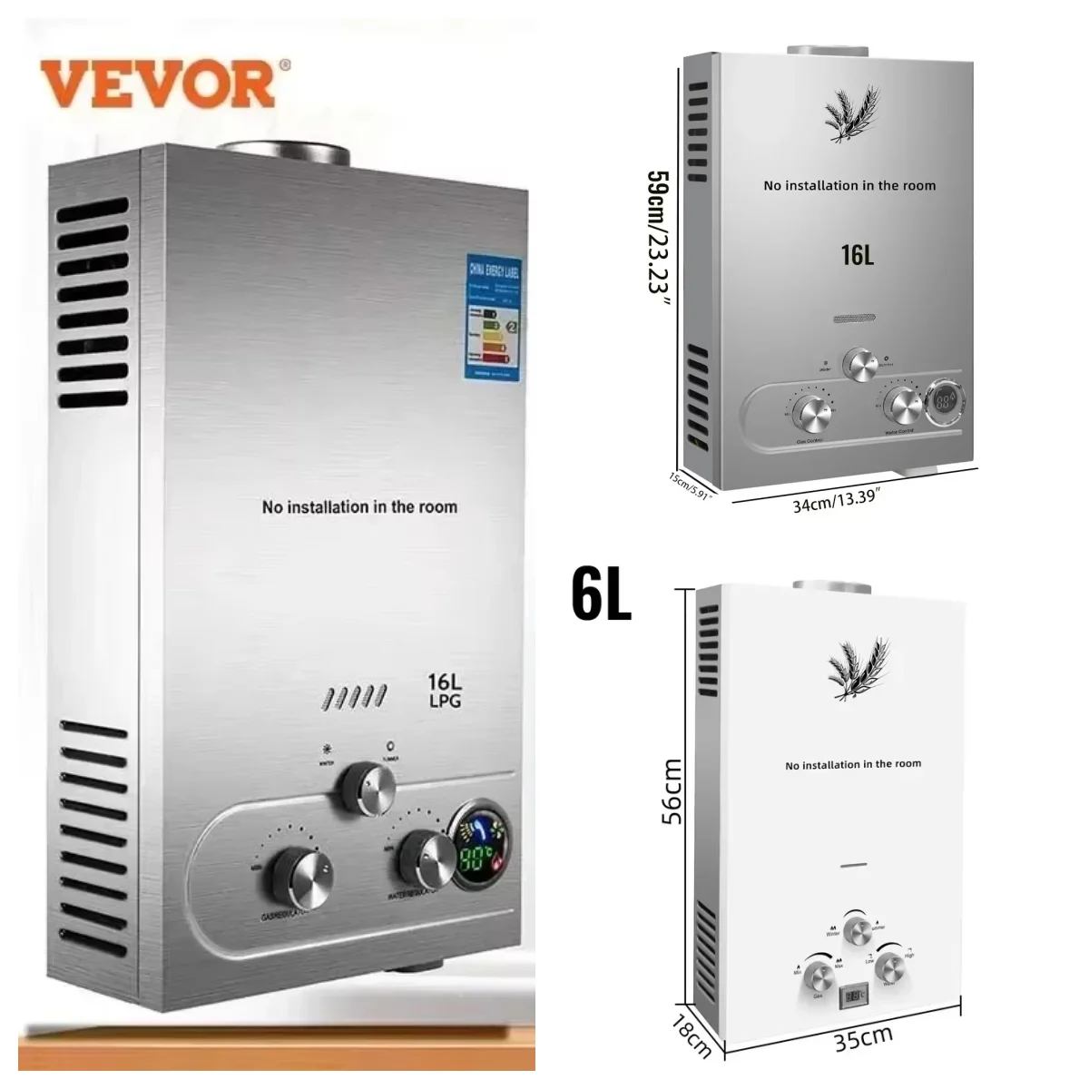 VEVOR 6L 8L 10L 12L 16L 18L GPL Portable instand chauffe-eau gaz Propane GPL mural chauffe-eau sans réservoir affichage numérique