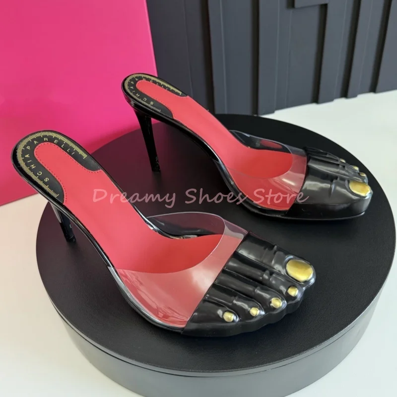 

Gold Five Toes Leather Stiletto Mules Slippers Women Patchwork Pvc Slip On Closed-Toe Slippers Fashion Trendy Party Catwalk Shoe