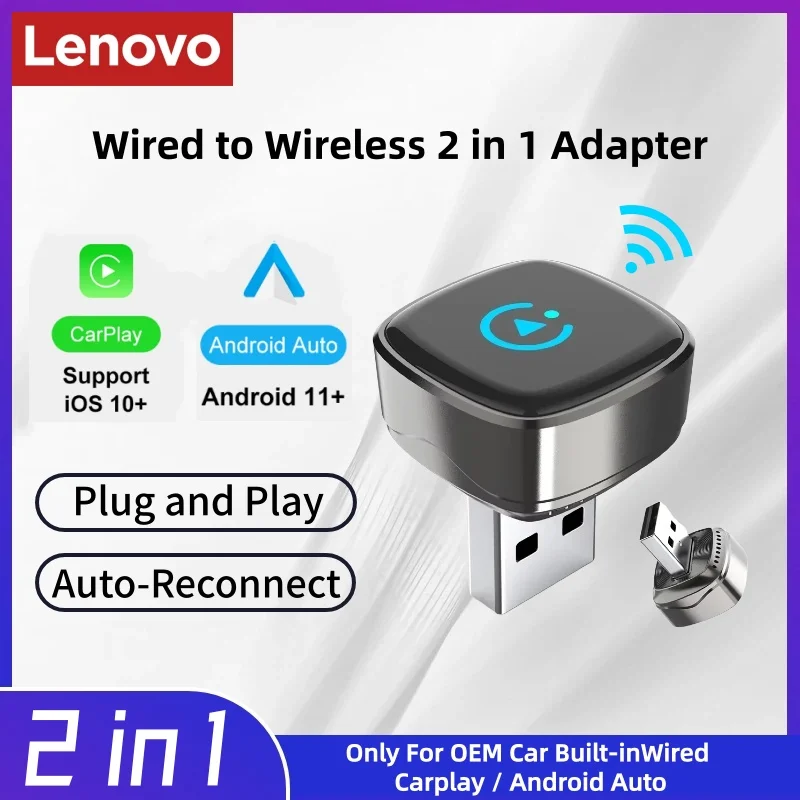 Lenovo Wireless CarPlay Adapter for iPhone Android 2026 2in1 Wired to Wireless CarPlay Box, Plug & Play Bluetooth Auto Connect