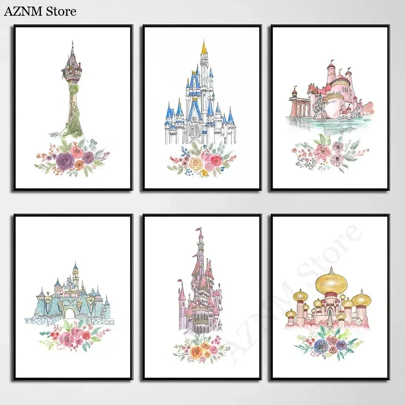 Watercolor Princess Castle Posters and Prints Canvas Painting Palace Wall Art Pictures for Baby Girl Room Nursery Deocr Cuadros