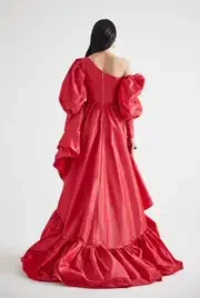 Puff Sleeves Draped Long Women Dresses To Party With Bright Line Details Newest Red Taffeta Asymmetrical Formal Dresses