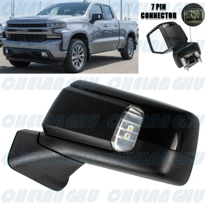 For Chevrolet silverado 2019 2020 2021 2022 2023 Left Side 7 Pins Black Painted Mirror Assembly With Heated Power Adjust