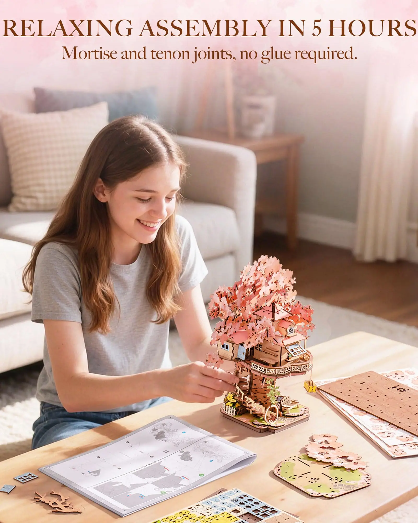 Robotime Rolife ساكورا شجرة البيت ثلاثية الأبعاد الألغاز لتقوم بها بنفسك نموذج بناء لعبة مجموعات الحرف الخشبية هواية للأطفال دعابة الدماغ هدية #4