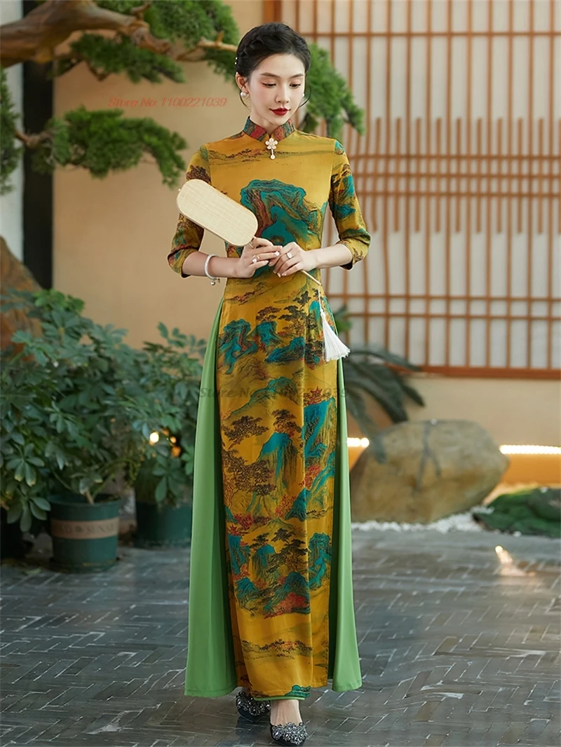 2025 ao dai vietnam traditional qipao dress chinese vintage dress cheongsam oriental elegant flower print banquet evening dress