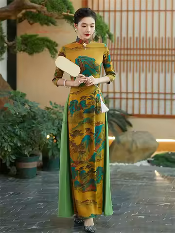 2026 vietnam ao dai traditional qipao dress chinese vintage dress cheongsam oriental elegant flower print banquet evening dress