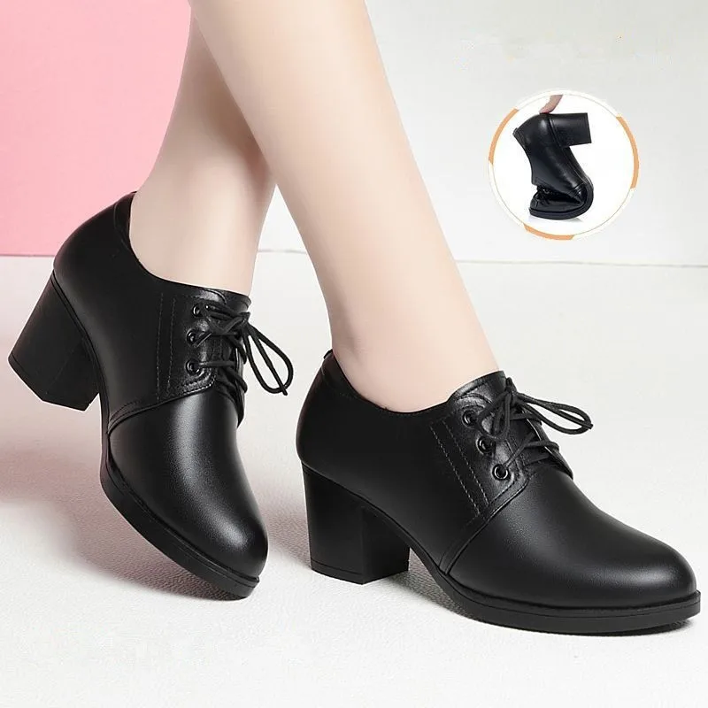 Damen Oxford Schuhe Schwarz Britischer Stil Blockabsatz Pumps für Büro Arbeit Elegant Geschnürt Kunstleder Spitz Zulaufend Formelle Halbschuhe Damenschuhe High Heels Business Mode Frühjahr Sommer – Detail 9