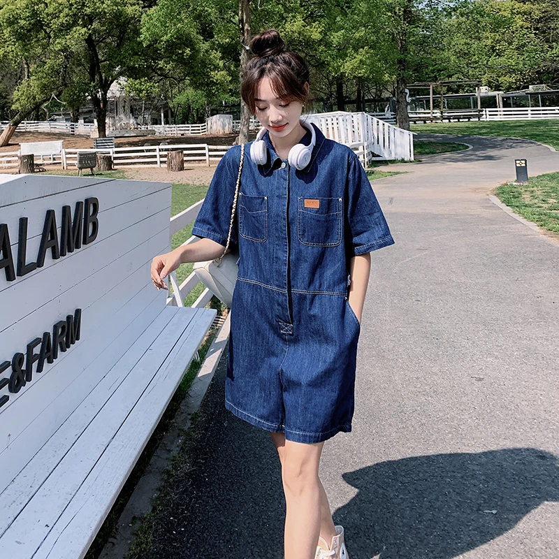 

Short Sleeve Lapel Shirt Denim Jumpsuit Women Romper 2023 Summer Streetwear Hip Hop Loose One Piece Shorts Jeans Overalls 9071