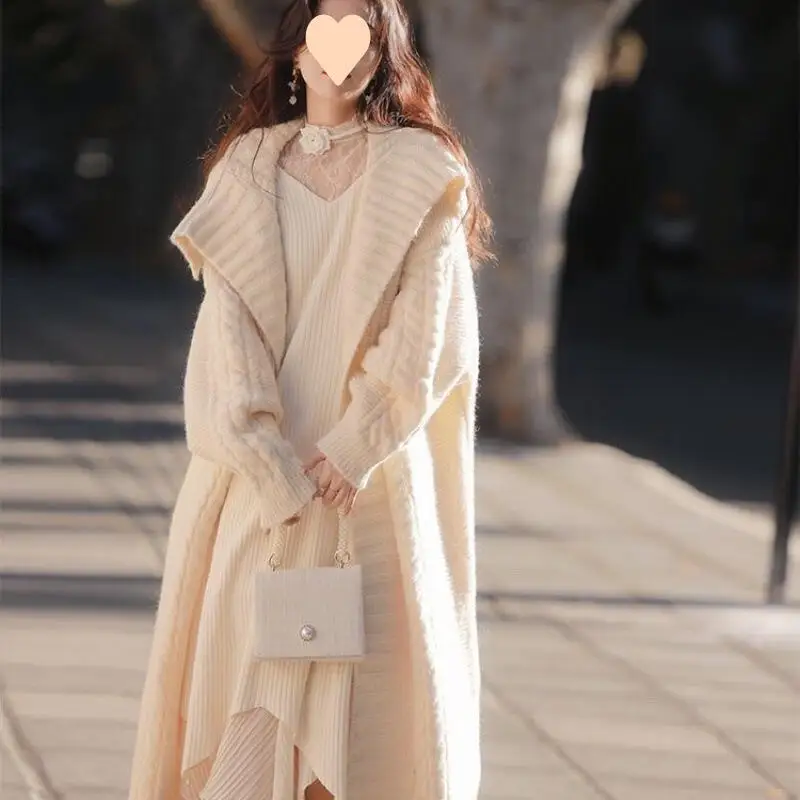 

Womennewautumn Winter Vintage Outfit with A Long Collar Sweater Knitted Cardigan Elegant Fashion Loose Lazy Style Knitted Jacket
