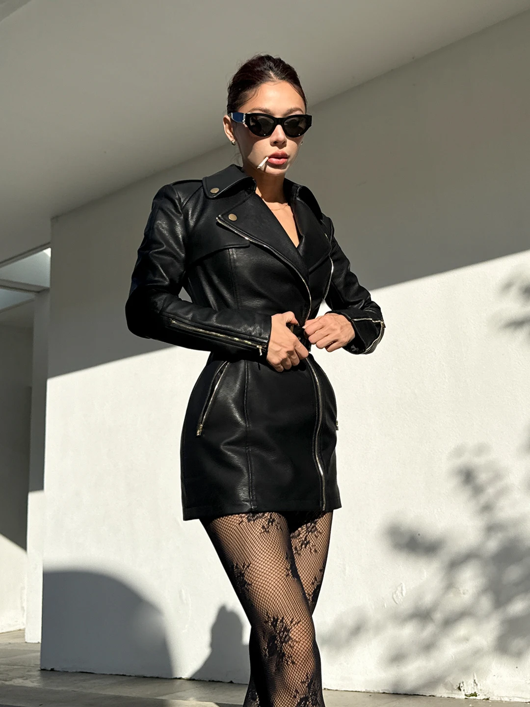 معطف Le Palais Vintage Original Retro Lady Sle Bla من الجلد الصناعي للدراجات النارية معطف طويل بقصة ضيقة ملابس خارجية نسائية Faion