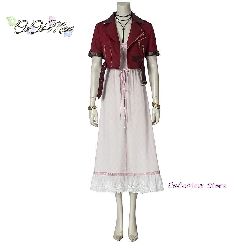 Game FF7 Adult Aerith Gainsborough Costume Cosplay Final Fantasy Remake Halloween Outfit Fancy Women Red Jacket Pink Dress