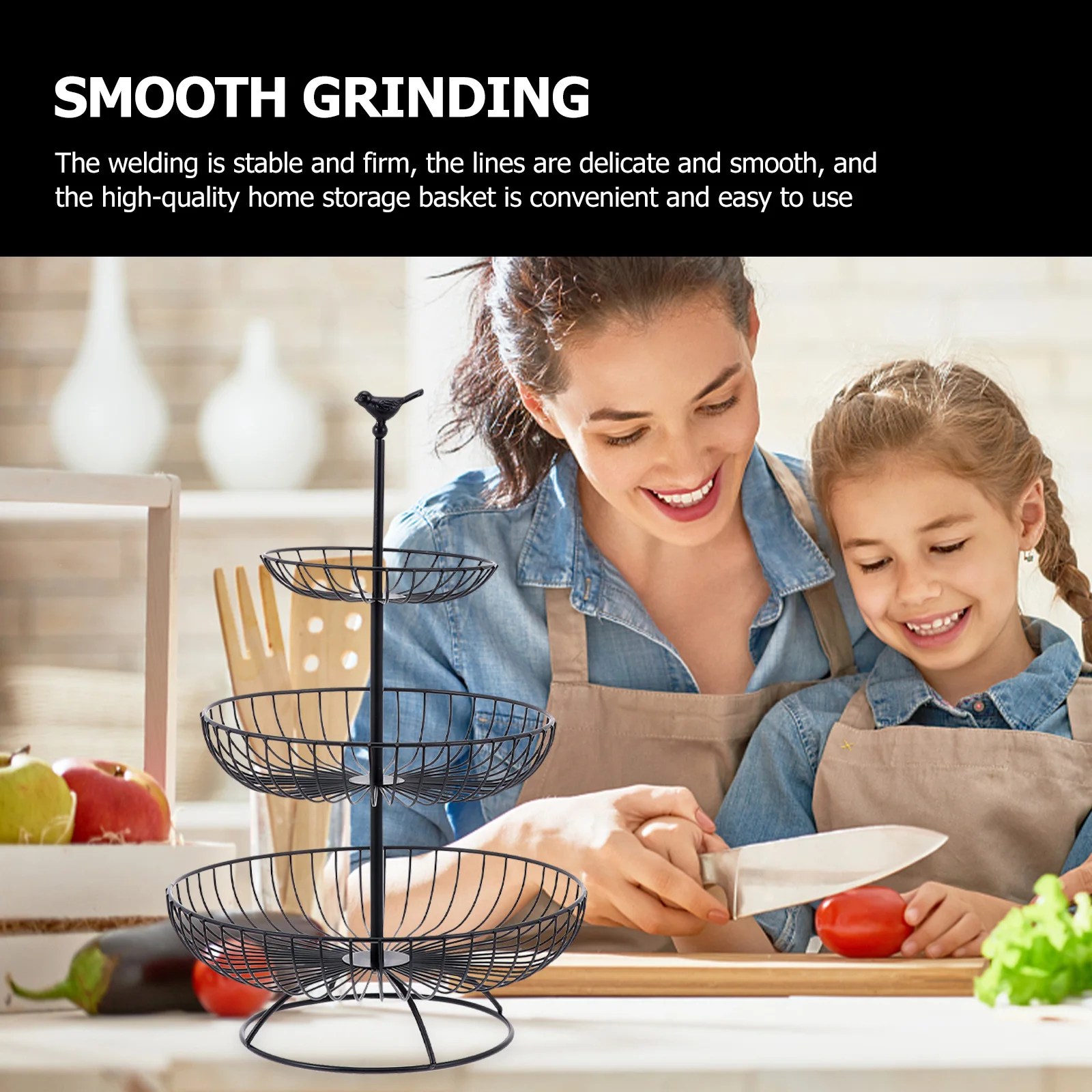 

1pc 3-Tier Iron Fruit Basket Black Snack Storage Container Heavy Duty Wire Drainage Hollowed Basket For Fruits Vegetables Dried