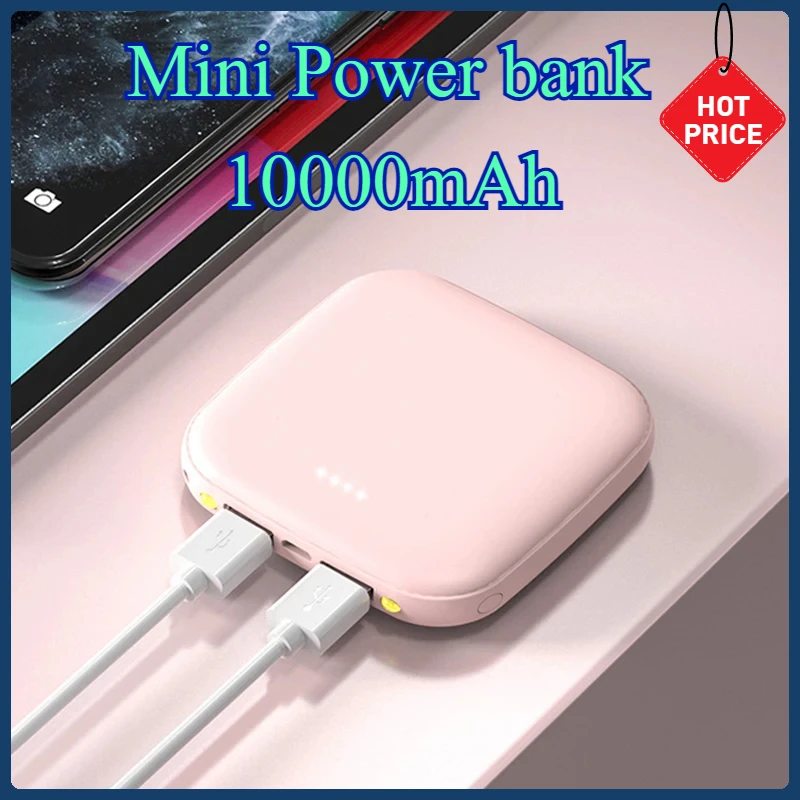 

10000mAh Mini Power Bank Dual USB Powerbank Portable Charger External Battery for Xiaomi iPhone 14 Smartphone Bateria with Light