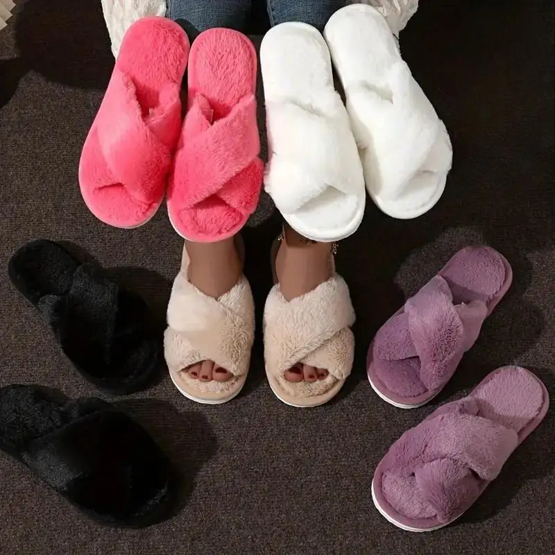 Winter Crisscross Plush Indoor Slipper Comfortable and Warm Soft Soled Furry Shoes Non Slip Home Floor Slippers view 3