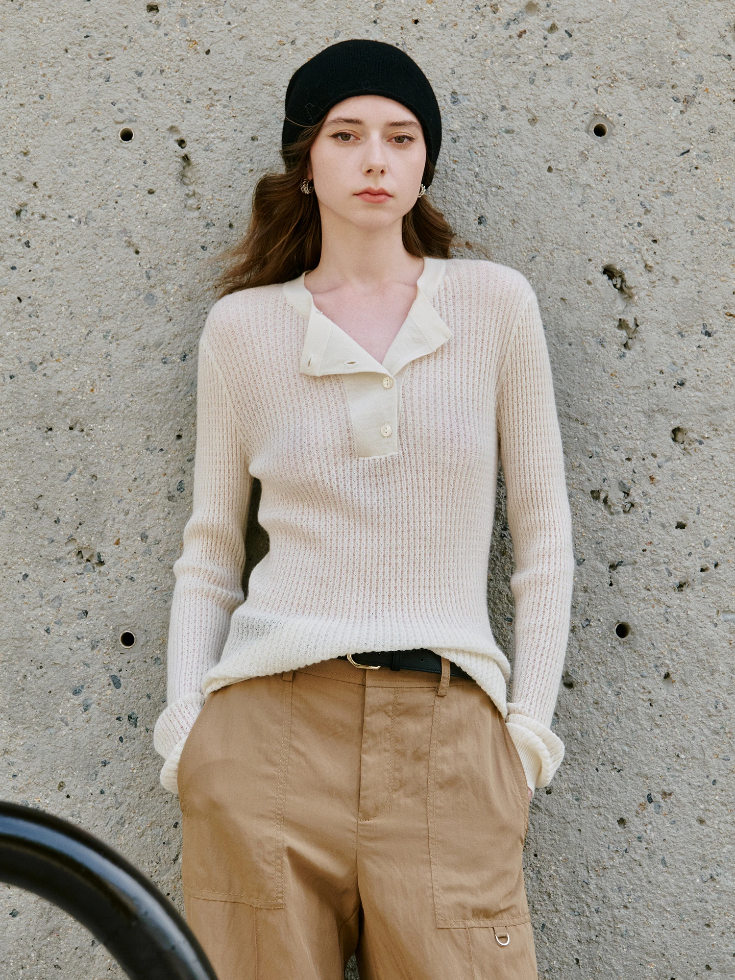 

fini e Fine Spun Camere Knitwear Henry Collar Nautical Sle Long Sve Women's Pullover Breathable Comfortable